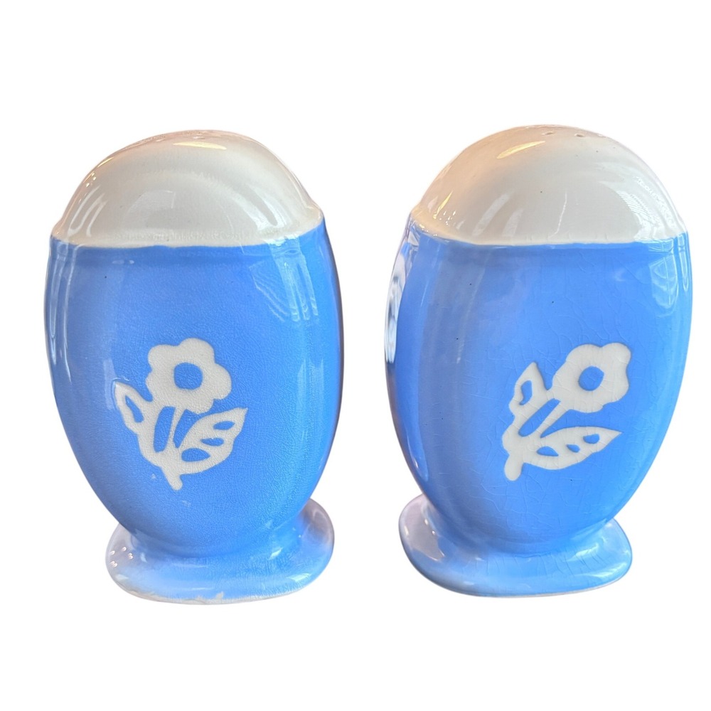 Vtg Harker Pottery Oval Blue Salt‎ & Pepper Shakers with Flower Design Kitchen